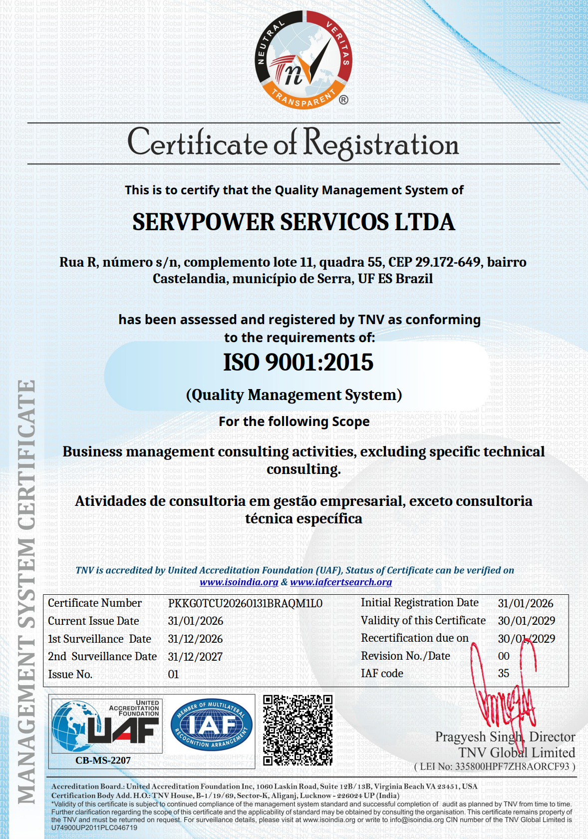 Certificado ISO 9001:2015 da Servpower Serviços Ltda emitido pela TNV Global Limited